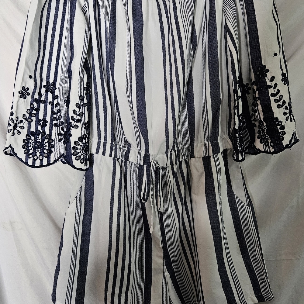 Navy and White Striped Jumpsuit with Floral Sleeves